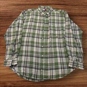 Vintage‎ Tommy Hilfiger Plaid Flannel Button Up Long Sleeve Shirt Green XL